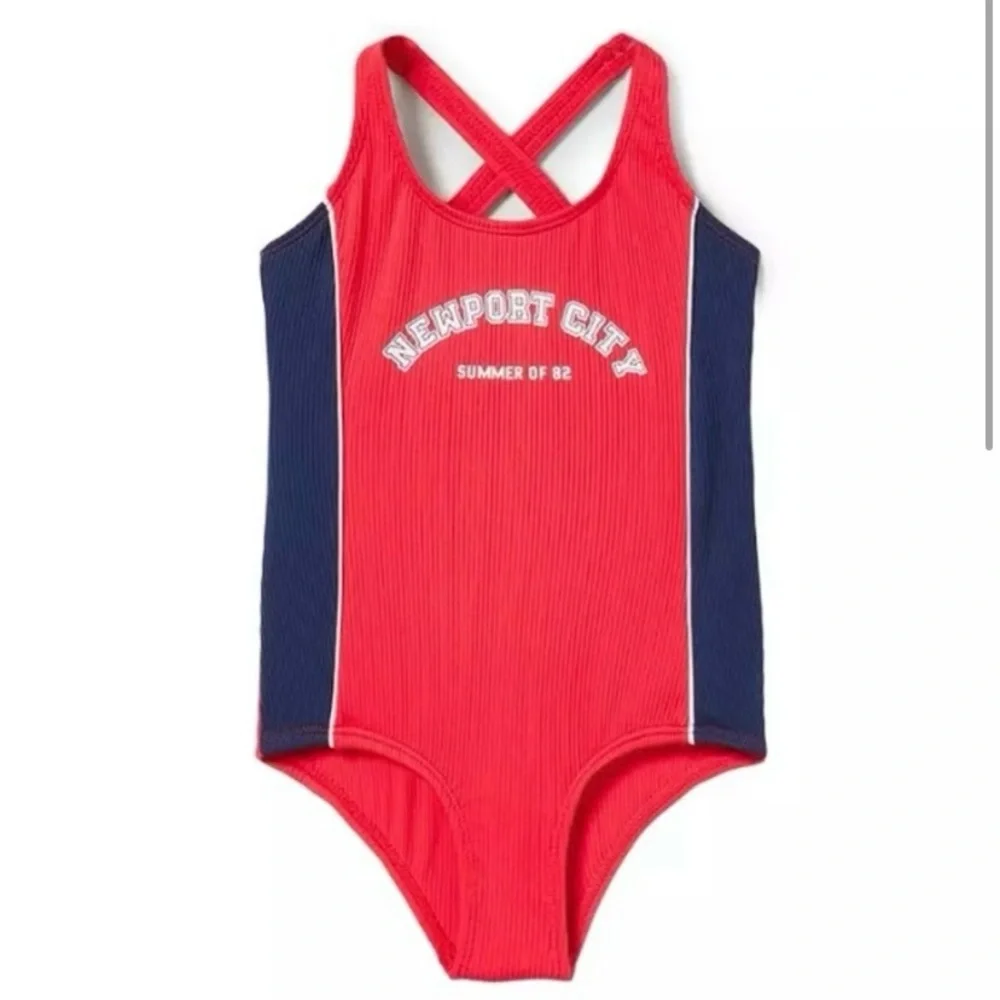 NWT ZARA Girls Ribbed Knit Retro One piece Swimsuit Bright Red Navy sz 6 - 7